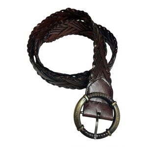 Brown Braided Leather Belt with Round Brass Buckle Size XL